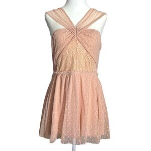 Free People Floral Lace Polka Swiss Dot Keyhole Cutout Top Peach Pink Medium